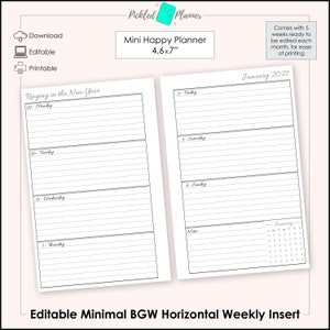 Mini Editable Minimal, Fancy Black, Gray & White Undated, Horizontal Weekly Planner Printable - 4.6"x7" Mini Happy Planner Size