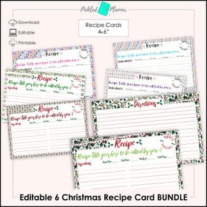 Pacote com 6 cartões de receitas com tema natalino, editáveis e pautados, para impressão - 4 x 6 pol.