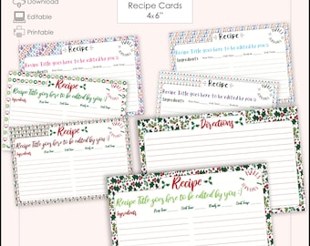 May include: Six printable Christmas recipe cards with a festive holly and berry design. Each card has a title, ingredients, directions, prep time, cook time, ready in, and cook temp sections. The cards are 4x6 inches.
