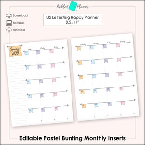 Editable Pastel Bunting Undated Monthly Planner/Binder Printable - 8.5x11" US Letter/Big Happy Planner Size