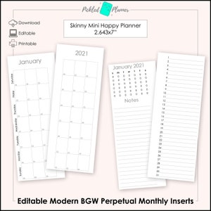 Editable Skinny Mini Modern Black, Gray & White Planner Perpetual Monthly Printables - 2.643x7" Skinny Mini Happy Planner