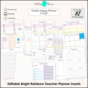 Op de afbeelding: Een set printbare planner-inlays voor docenten in een helder regenboogkleurenschema. De inlays bevatten pagina's voor contacten, leeslogboeken, jaaroverzicht, notities, lesplannen, hersenspoeling, excursies, websites en wachtwoorden, communicatielogboeken, dagelijkse agenda, klaslokaalchecklist, verjaardagen en maandelijkse kalenders. De planner is 7 inch bij 9,25 inch en bevat 82 pagina's in totaal.