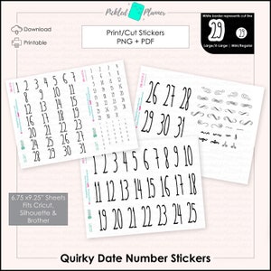 Printable Quirky Date Number Stickers || Print/Cut Sticker Sheets || 4 sizes || Blackout PNGs included