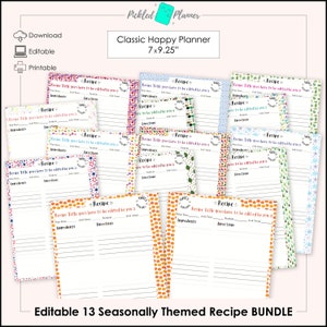 Editable Lined Recipe 13 Seasonally Themed Planner/Binder Printable BUNDLE - 7x9.25" Classic Happy Planner Size