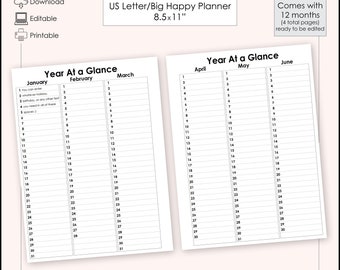 Editable Modern Black & White Year at a Glance Planner/Binder Printable - 8.5x11" US Letter/Big Happy Planner Size