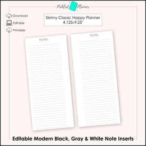 Editable Modern Black, Gray & White Planner Notes Printables - 4.125x9.25" Skinny Classic Happy Planner/Happynichi