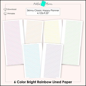 6 Color Bright Rainbow Lined/Ruled Paper Printable BUNDLE - 4.125x9.25&quot; Skinny Classic Happy Planner/Happynichi