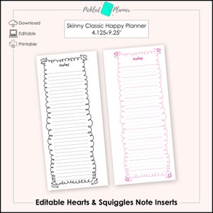 Editable Hearts + Squiggles Printable Notes Pages - 4.125x9.25" Skinny Classic Happy Planner/Happynichi