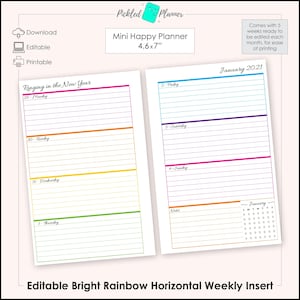 Mini Editable Bright Rainbow Undated, Horizontal Weekly Planner Printable - 4.6&quot;x7&quot; Mini Happy Planner Size