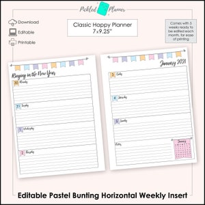 Editable Pastel Bunting Undated, Horizontal Weekly Planner/Binder Printable - 7x9.25&quot; Classic Happy Planner Size