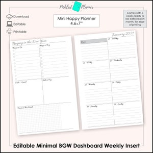 May include: A printable planner insert for a 4.6x7 inch Happy Planner. The insert features a weekly layout with space for notes, to-do lists, and a grid for tracking habits. The insert is titled "January 2021" and includes the days of the week. The insert is designed to be edited and printed.