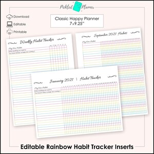 May include: Printable rainbow habit tracker inserts for a 7x9.25 inch Classic Happy Planner. The inserts feature a grid layout with lines in various colors, including yellow, blue, pink, and purple. The text "My New Habits" and "September 2021 Habits" are visible on the inserts.