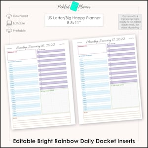 May include: Printable planner pages for a US Letter or Big Happy Planner. The pages are designed for a weekly planner and feature a bright rainbow color scheme. The pages include sections for "Remember This", "My To Do List", "My Hourly Schedule", and "All The Other Things".