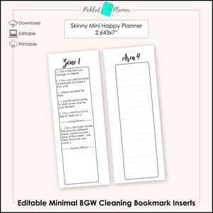 Lista de limpieza de zonas/áreas editable/marcador de libros minimalista BGW imprimible - Tamaño mini/delgado Happy Planner de 6,7 x 18 cm
