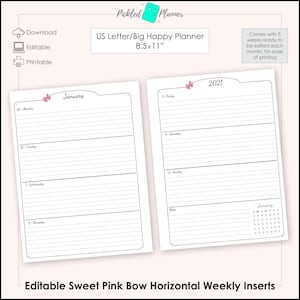 Editable Sweet Pink Bow Undated, Horizontal Weekly Planner/Binder Printable - 8.5x11&quot; US Letter/Big Happy Planner Size