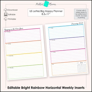 Editable Bright Rainbow Undated, Horizontal Weekly Planner/Binder Printable - 8.5x11" US Letter/Big Happy Planner Size