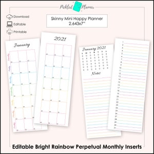 Editable Skinny Mini Bright Rainbow Planner Perpetual Monthly Printables - 2.643x7" Skinny Mini Happy Planner