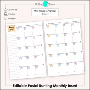 Mini Editable Pastel Bunting Undated Monthly Planner/Binder Printable - 4.6"x7" Mini Happy Planner Size