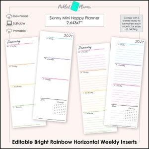 Editable Skinny Mini Bright Rainbow Undated, Horizontal Weekly Planner Printable - 2.643x7" Skinny Mini Happy Planner