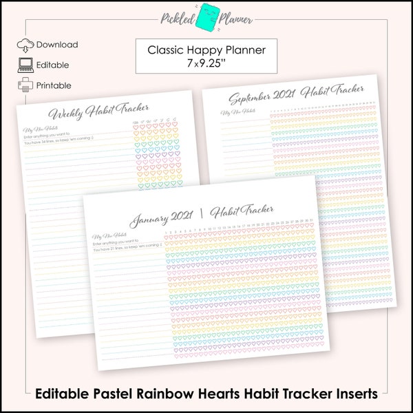 Editable Pastel Rainbow Hearts Habit Tracker Printables - 7x9.25" Classic Happy Planner Size