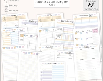 82 Total Pages - Editable Pastel Bunting Undated Teacher/Homeschool Planner/Binder Printable BUNDLE-8.5x11" US Letter/Big Happy Planner