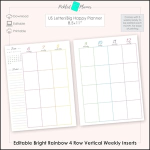Planificador semanal vertical imprimible de 4 filas, editable, con diseño de arcoíris brillante, sin fecha y dividido, tamaño carta (8,5 x 11 pulgadas)