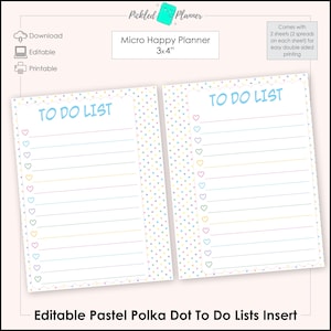 Könnte beinhalten: Zwei druckbare To-Do-Listen mit pastellfarbenen Punkten und einem hellblauen Titel "TO DO LIST". Die Seiten sind 7,62 cm x 10,16 cm groß.