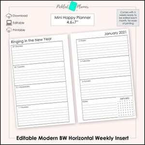 Mini bearbeitbarer moderner Schwarzweiß-Undatierter, Horizontaler Wochenplaner - 4,6 &quot;x 7&quot; Mini Happy Planner