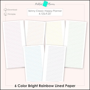 6 Color Bright Rainbow Lined/Ruled Paper Printable BUNDLE - 4.125x9.25" Skinny Classic Happy Planner/Happynichi