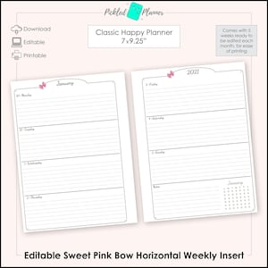 Editable Sweet Pink Bow Undated, Horizontal Weekly Planner/Binder Printable - 7x9.25&quot; Classic Happy Planner Size