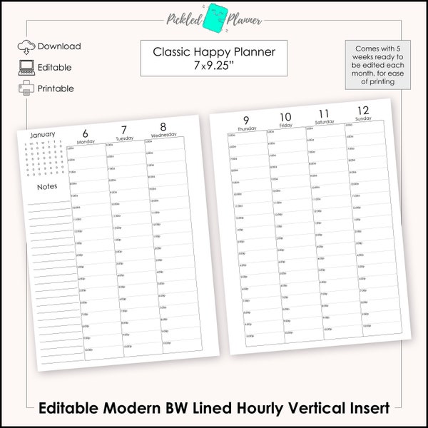 Editable Modern Black & White Hourly Undated, Vertical Weekly Planner/Binder Printable - 7x9.25" Classic Happy Planner Size