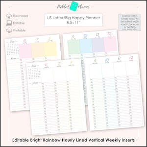 Editable Bright Rainbow Hourly LINED Undated, Vertical Weekly Planner/Binder Printable  - 8.5x11" US Letter Size
