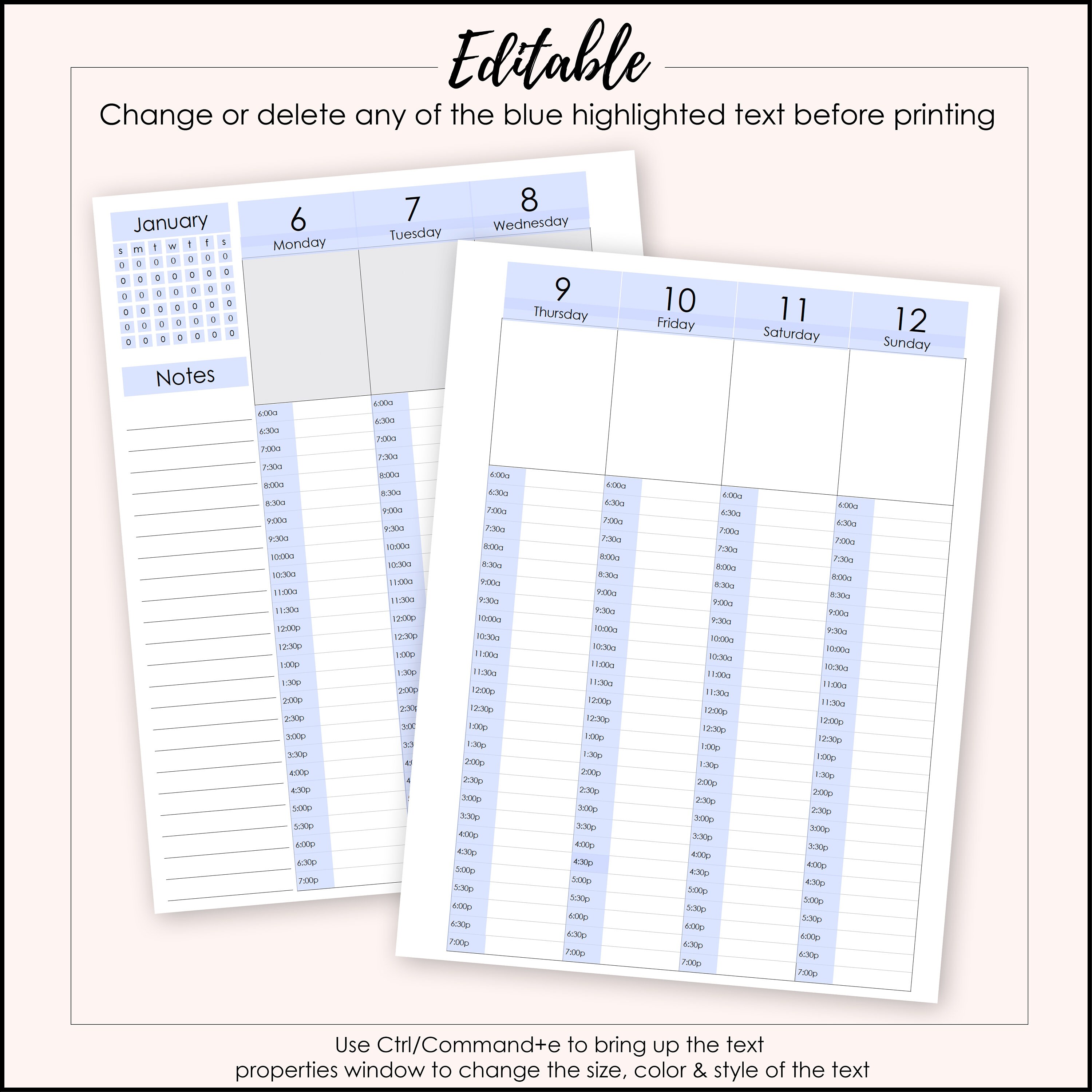 Editable Modern Black & White Hourly LINED Undated, Vertical Weekly ...