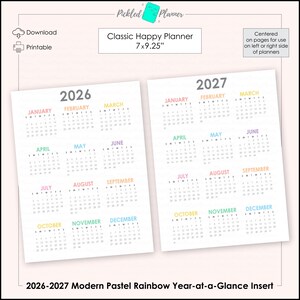 Peut inclure: Insert imprimable 2026-2027 pour un Classic Happy Planner, 17.78cm x 23.5cm. Il présente un design arc-en-ciel pastel moderne, chaque mois étant d'une couleur différente. Le calendrier est centré pour une utilisation dans les planificateurs.