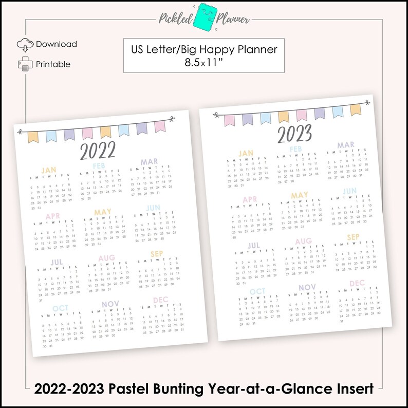 Unl 2022 2023 Calendar New Pastel Bunting 2022-2023 Dated Year-At-A-Glance Month | Etsy
