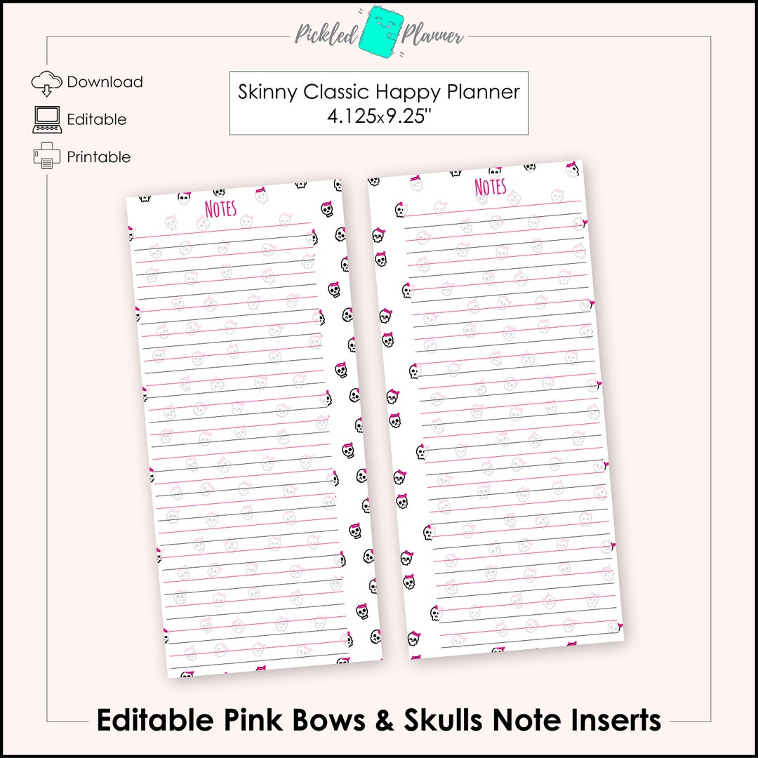 Editable Pink Bows &amp; Skulls Planner Notes Printables 4.125x9.25 Skinny ...