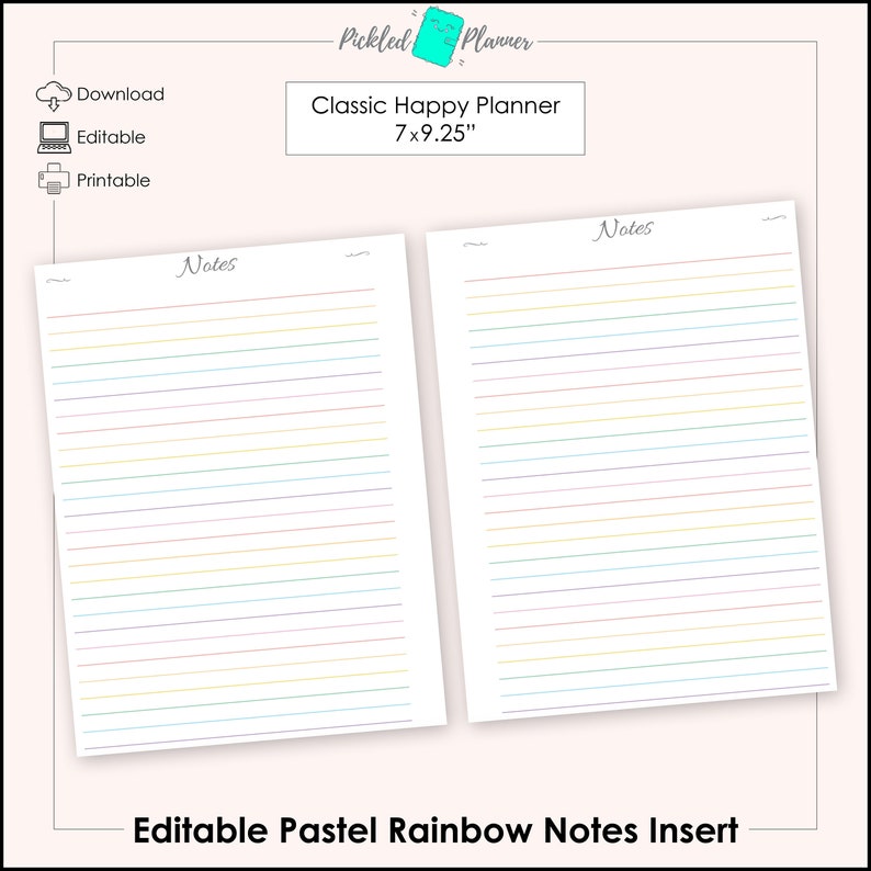 Editable Pastel Rainbow Notes Printable - 7x9.25" Classic Happy Planner ...