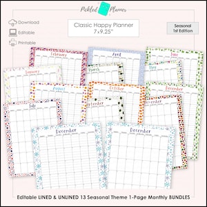 Peut inclure: Ensemble de 13 pages de planificateur mensuel à thème saisonnier, chacune avec une bordure décorative unique. Les pages sont étiquetées avec les mois de janvier à décembre. Le planificateur mesure 17,78 x 23,5 cm et est modifiable, téléchargeable et imprimable.