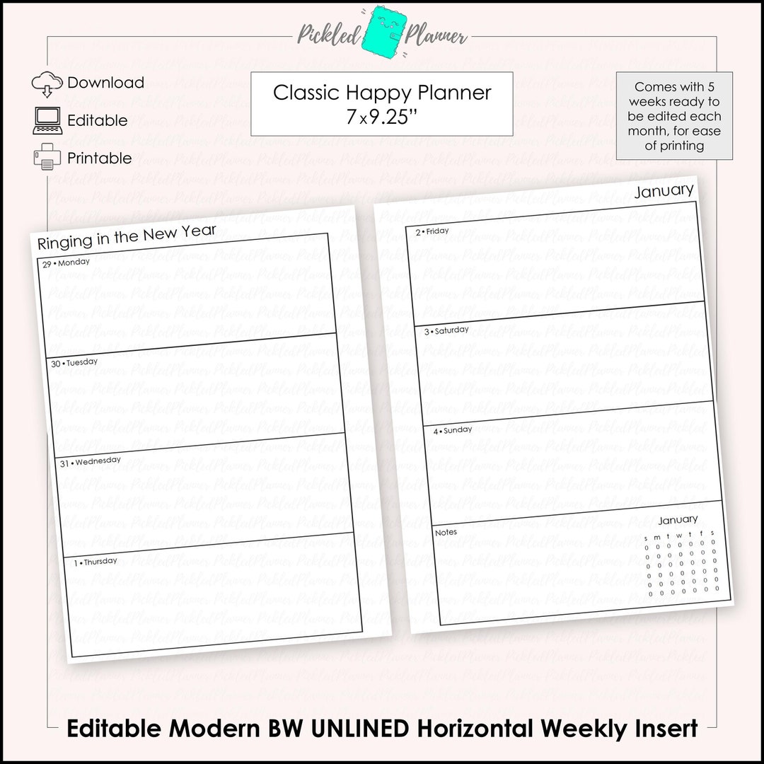 Editable Modern Black &amp; White Undated, UNLINED Horizontal Weekly ...