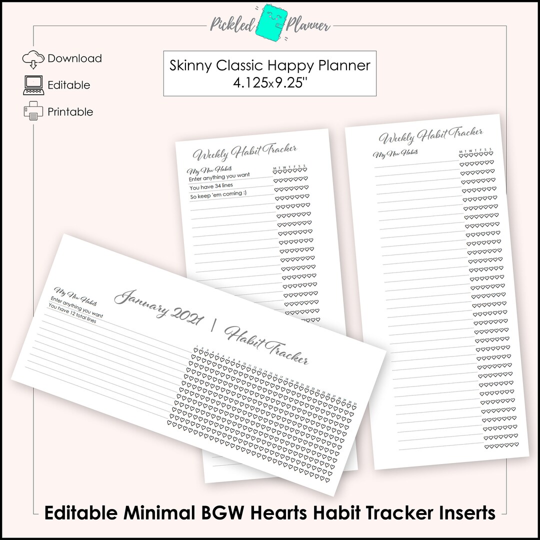 Editable Minimal BGW Hearts Habit Tracker Printables 4.125x9.25 Skinny ...