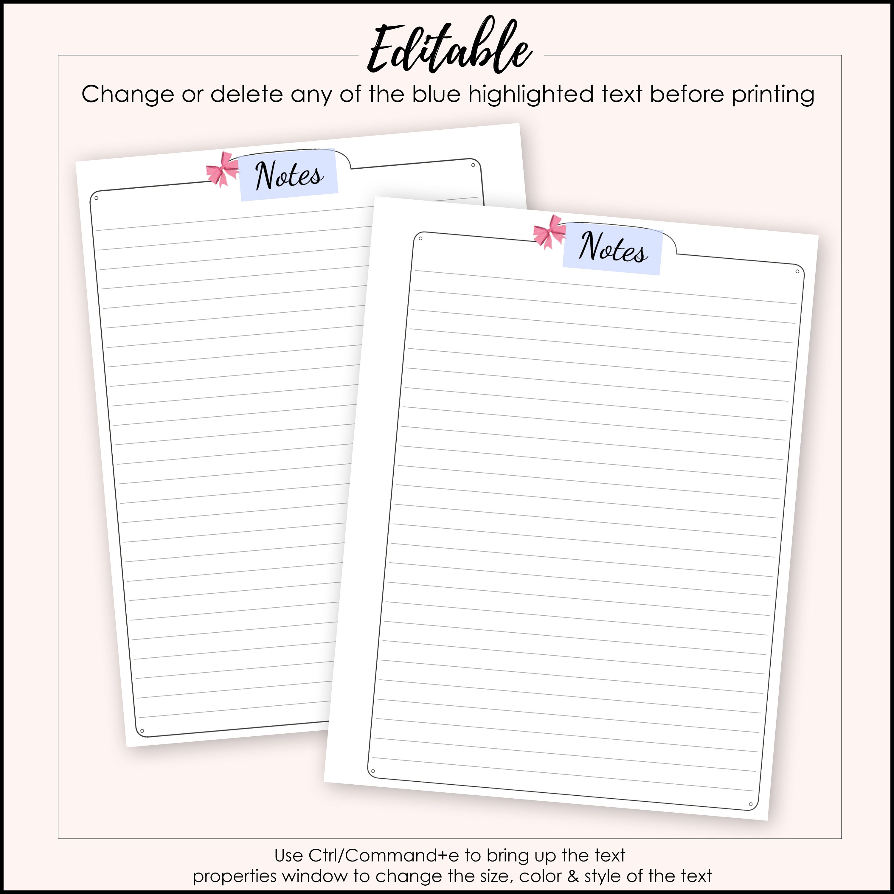 Editable Sweet Pink Bow Notes Printable - 7x9.25