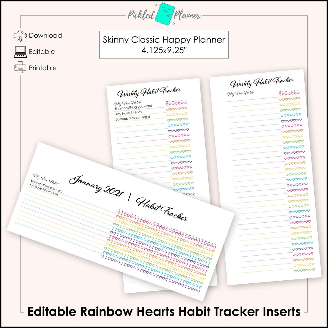 Editable Bright Rainbow Hearts Habit Tracker Printables - 4.125x9.25 ...