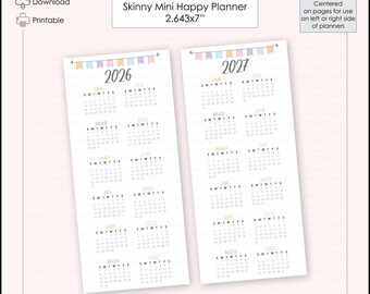 NEW! Centered Skinny Mini Pastel Bunting 2026-2027 Dated Year-at-a-Glance Month Planner Printable - 2.643x7" Skinny Mini Happy Planner