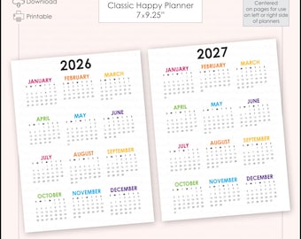 NEW! Centered Classic Modern Bright Rainbow 2026-2027 Dated Year-at-a-Glance Month Planner Printable - 7x9.25" Classic Happy Planner Size