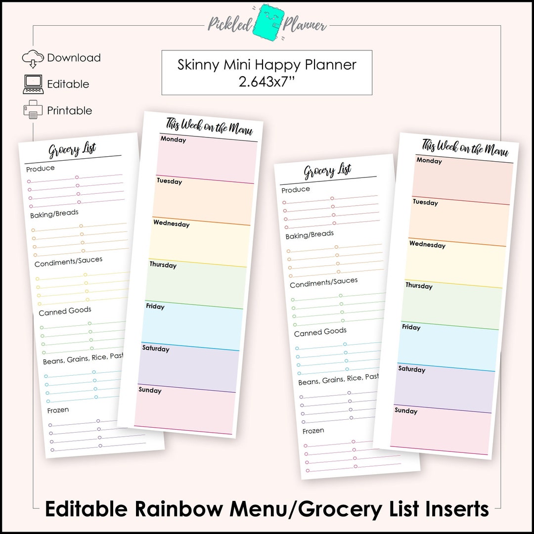 Editable Bright Rainbow Menu/meal Planner & Grocery List Printable - 2 ...