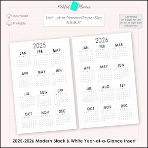 ¡NUEVO! Planificador mensual imprimible, moderno, centrado, de media letra, en blanco y negro, 2025-2026, con fecha y resumen del año - 5.5" x 8.5" (YAAG)