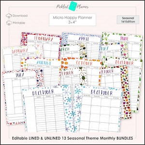 Può includere: Una collezione di 13 pagine di planner mensili a tema stagionale, ciascuna di 7,6 x 10,2 cm, con opzioni a righe e non. Le pagine presentano vari design per ogni mese, tra cui cuori, zucche e fiocchi di neve. Il testo "Micro Happy Planner" è visibile.