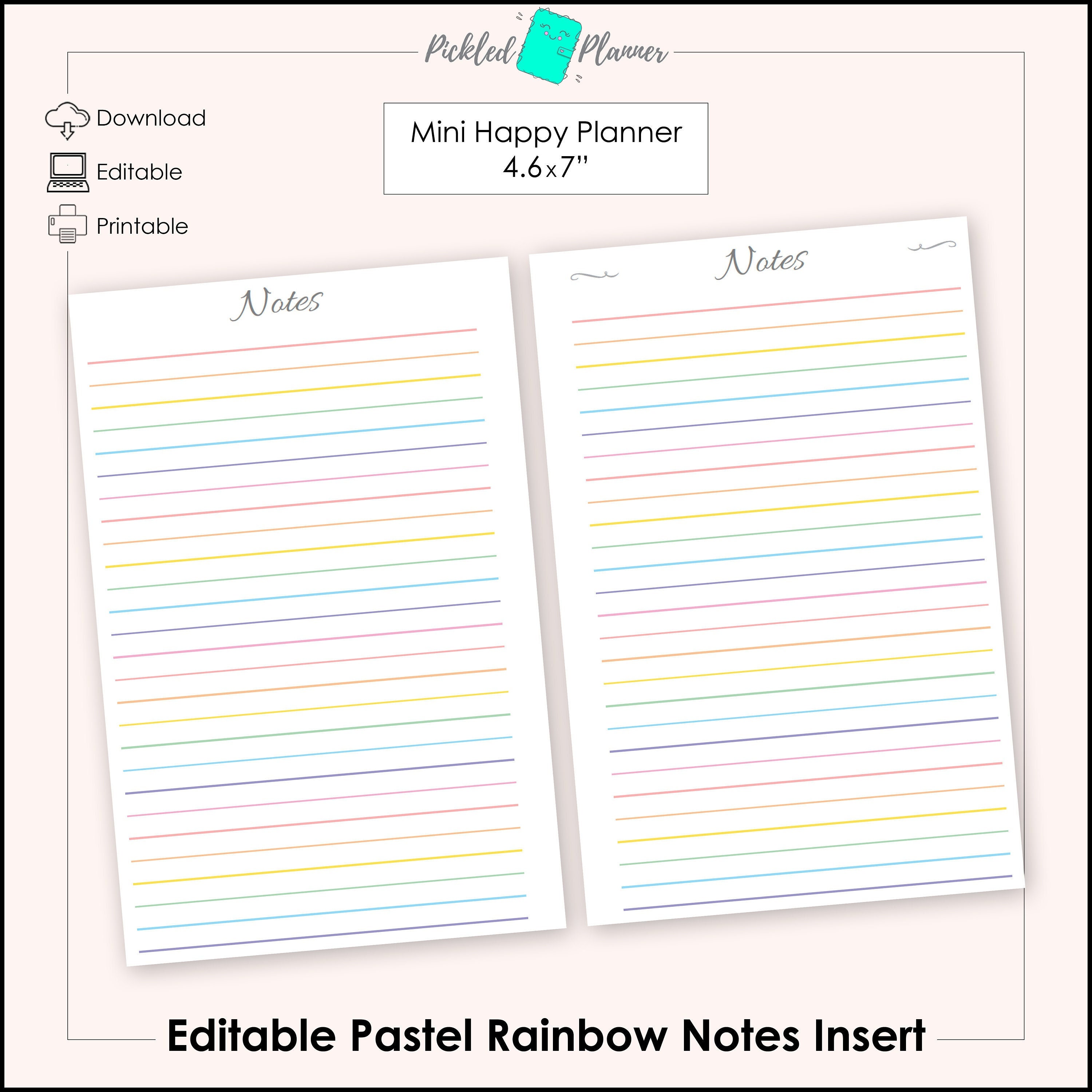 Mini Editable Pastel Rainbow Notes Planner Printable - 4.6x7" Mini ...