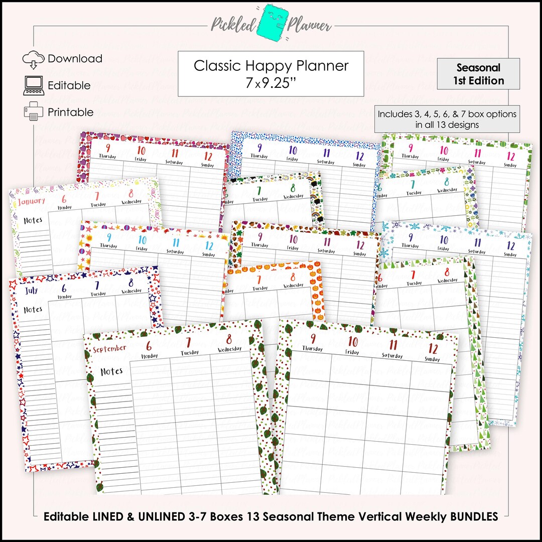 IMPROVED! Editable Vertical Weekly 3-7 Boxes Undated 13 Seasonal (1st ...