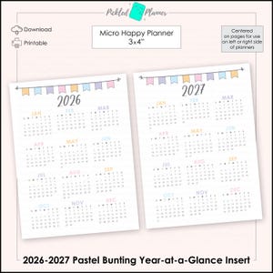 Puede incluir: Un inserto imprimible para Micro Happy Planner con calendarios de 2026 y 2027. Cada página del calendario tiene un diseño de banderines pastel en la parte superior. El inserto mide 7,6 x 10,2 cm y está diseñado para centrarse.